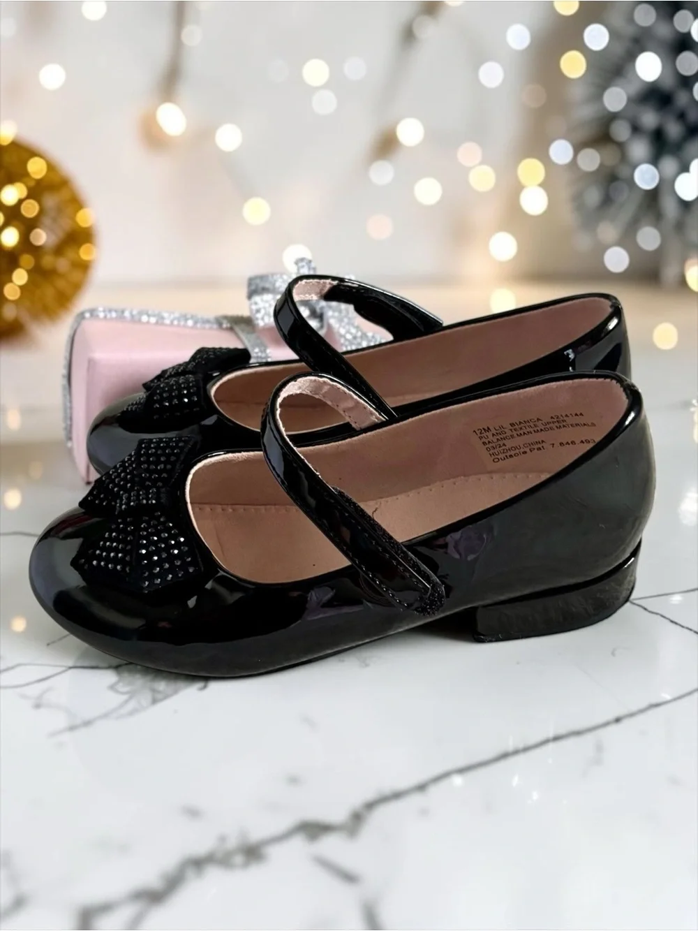 Kelly & Katie Bow Dress Flats Black Patent Rhinestone Girls Size 12 EUC